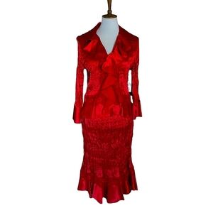 Vintage - Robbie‎ Bee Red Satin and Lace Ruffle Two Piece Skirt Set